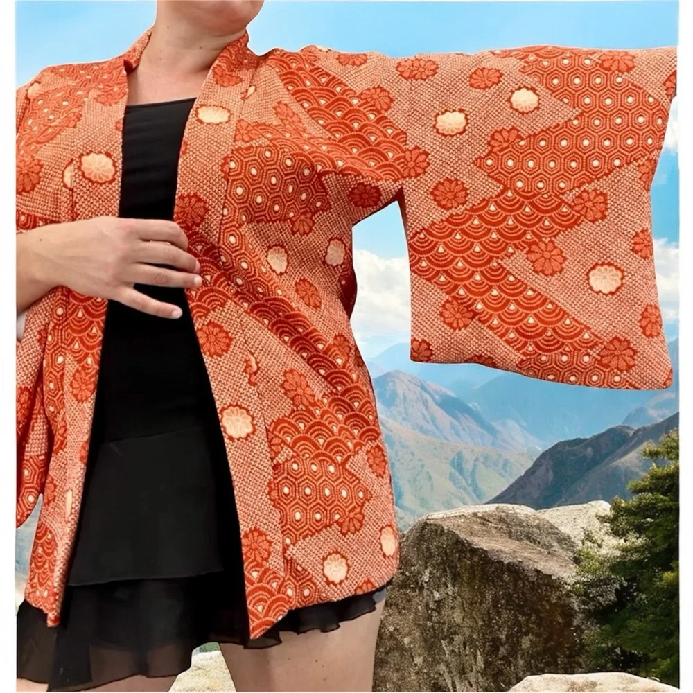 Vintage 60s 70s Orange Floral True Kimono Jacket Textured Hippie Psychedelic - Picture 1 of 14